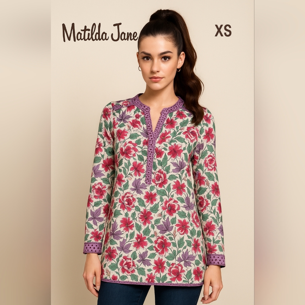 Matilda Jane Women’s Floral Long Sleeve Blouse Purple Accents Size XS